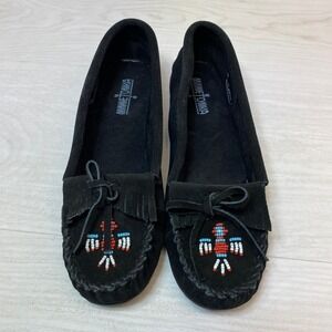 Minnetonka Womens 11 Moccasin Thunderbird Black Suede Beaded Kiltie Driving Flat